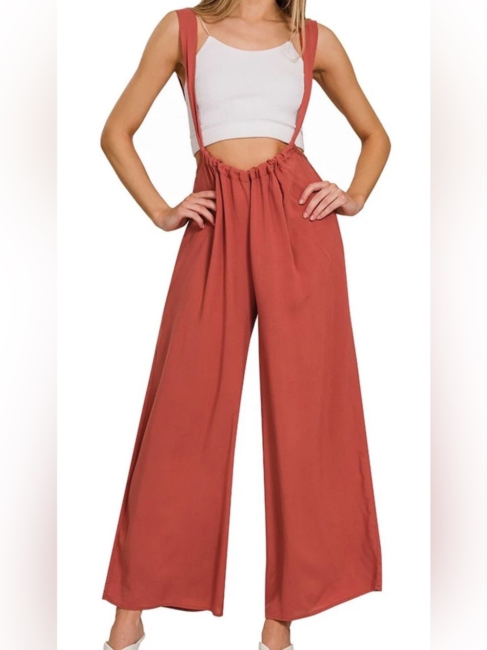 Wide-Leg Suspender Jumpsuit Jumper - Rust - medium - palazzo